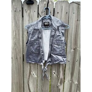 Biker Design Ladies Gray Acid Wash Rhinestone Motorcycle Crop Tie Front Vest M‎
